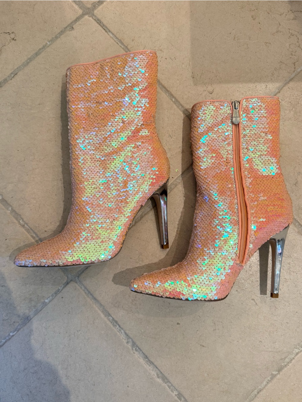 Cape Robbin Peach Iridescent Sequin Pointed Toe Stiletto Ankle Boots